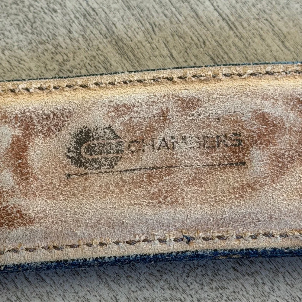 Chambers Western Belt Hand Finished Tooled Leather Two Tone Buckle USA 38‎ VTG